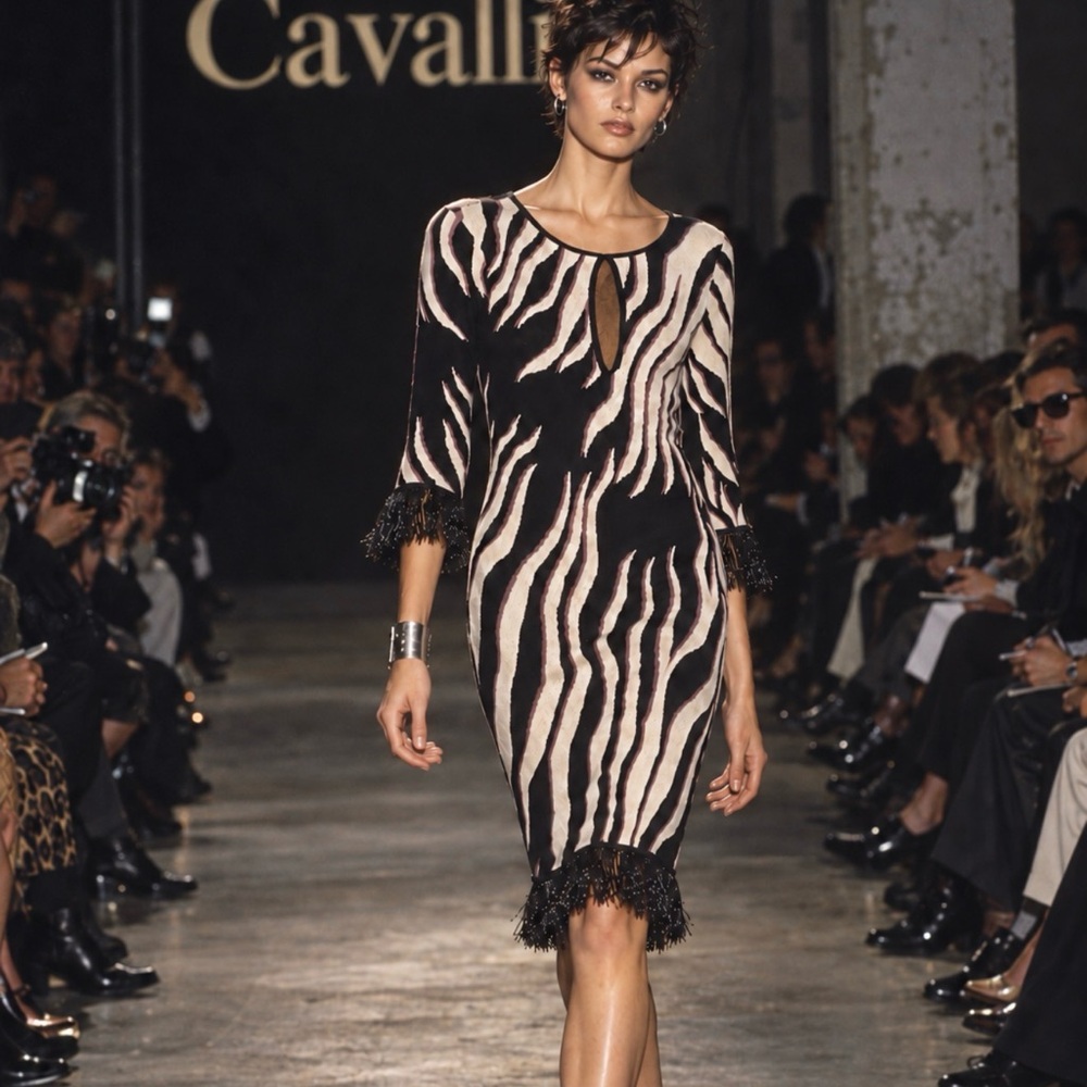 Vintage Roberto Cavalli Animal Print Fringe Dress – Size Medium